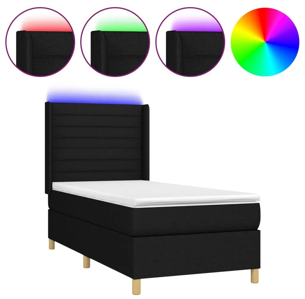 3138927 vidaXL Боксспринг легло с матрак и LED, черна, 90x200 см, плат