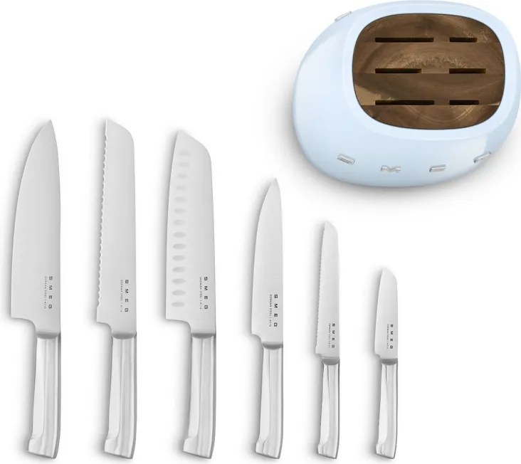 Комплект ножове със стойка SMEG KBSF02PB, 7 части, Слотове от акациево дърво, Немска неръждаема стомана, Пастелно син