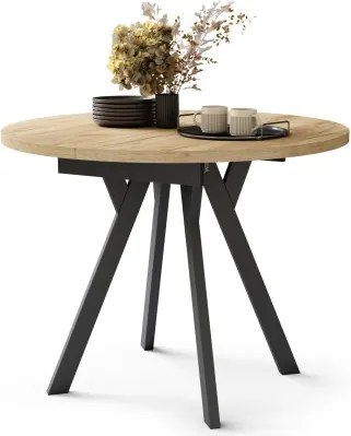 АЛМО Дъб Крафт злато/черни крака - КРЪГЛА РАЗТЕГАТЕЛНА МАСА С Y-ОБРАЗНИ КРАКА В ЛОФТ/ИНДУСТРИАЛЕН СТИЛ ЗА ХОЛ ИЛИ ТРАПЕЗАРИЯ