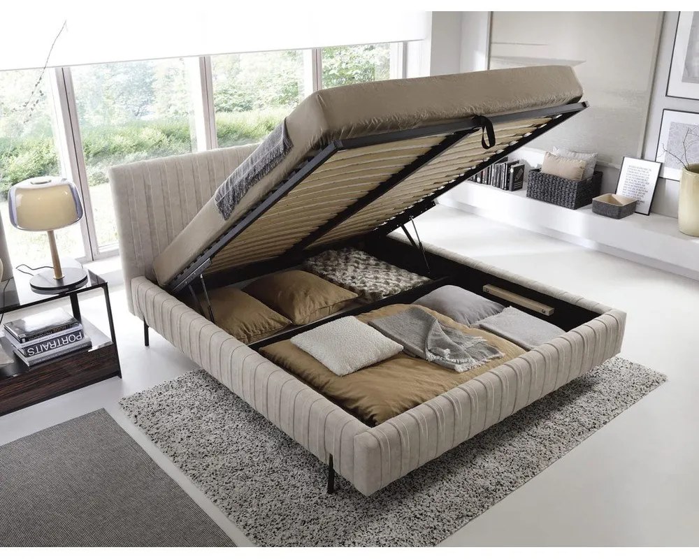 Бежово двойно легло 180x200 cm тапицирано с място за съхранение с включена подматрачна рамка Plissa – ELTAP