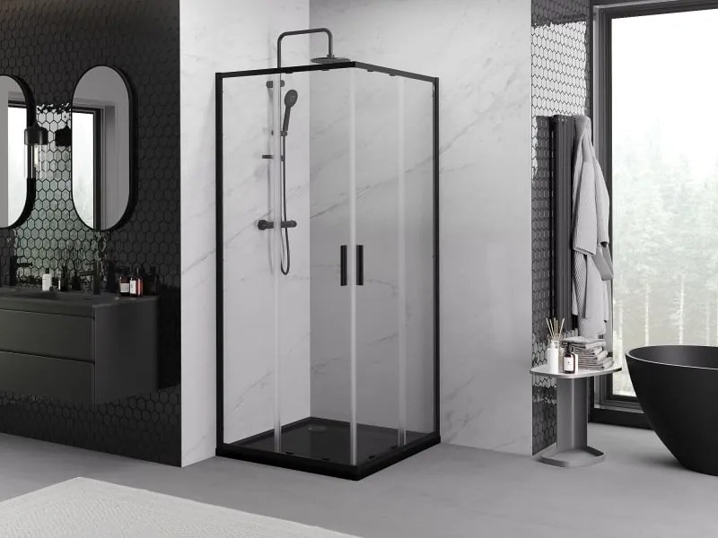Mexen Exo квадратна плъзгаща се душ кабина 90 x 90 см, прозрачна, черна - 8111-090-090-70-00