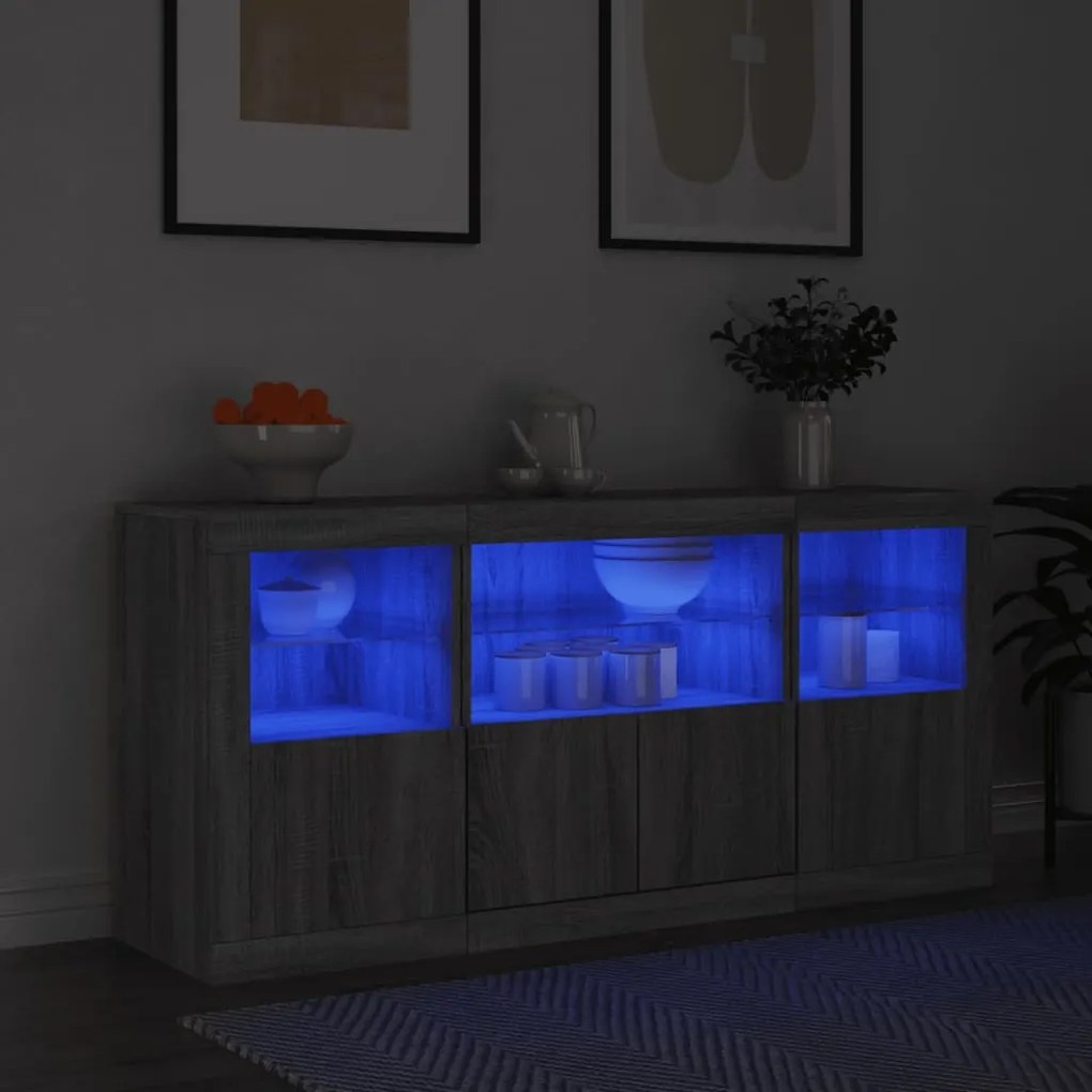Sonata H Сайдборд с LED светлини, сив сонома, 142,5x37x67 см