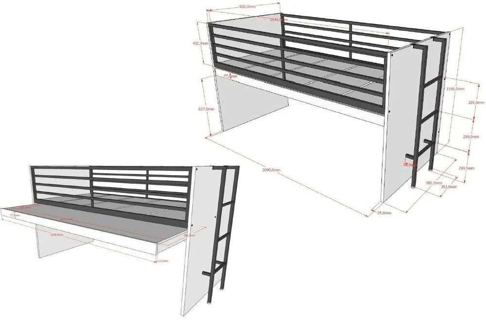 Бяло повдигнато детско легло с включена подматрачна рамка 90x200 cm Sam – Vipack
