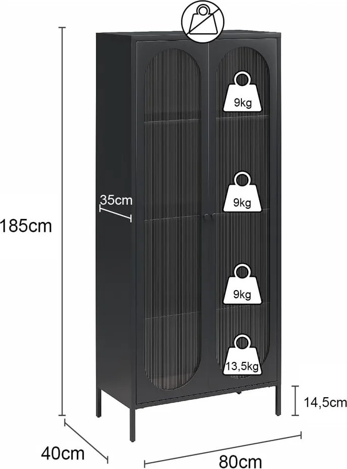 Черна метална витрина 80x186x40 cm Luna – Støraa