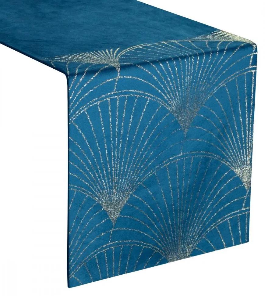 Кадифена централна покривка с лъскава синя щампа Широчина: 35 см | Дължина: 220 см