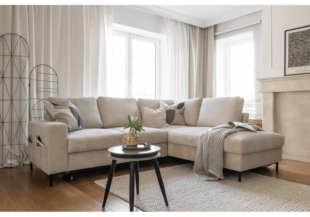 Бежов разтегателен ъглов диван от рипсено кадифе (десен ъгъл) Lofty Lilly – Miuform