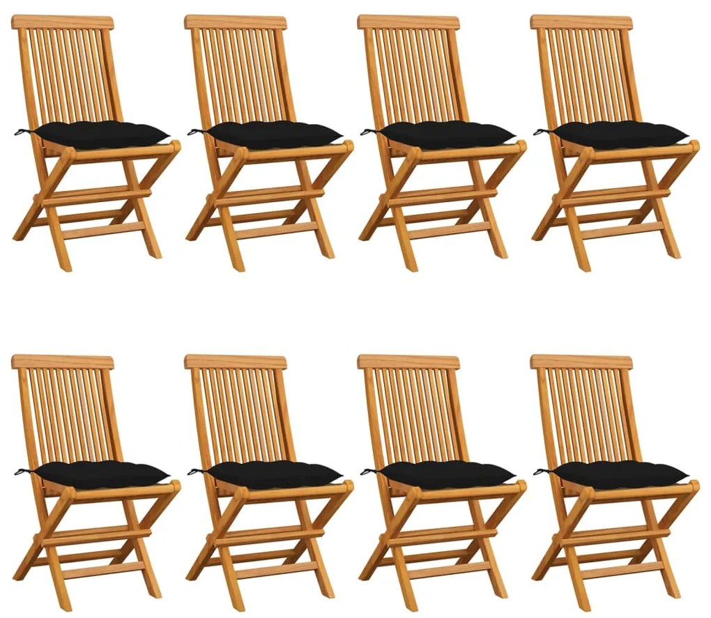 3072939 vidaXL Градински столове с черни възглавници 8 бр тик масив