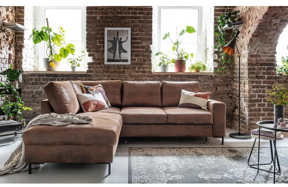 Кафяв разтегателен ъглов диван от изкуствена кожа (ляв ъгъл) Lofty Lilly – Miuform