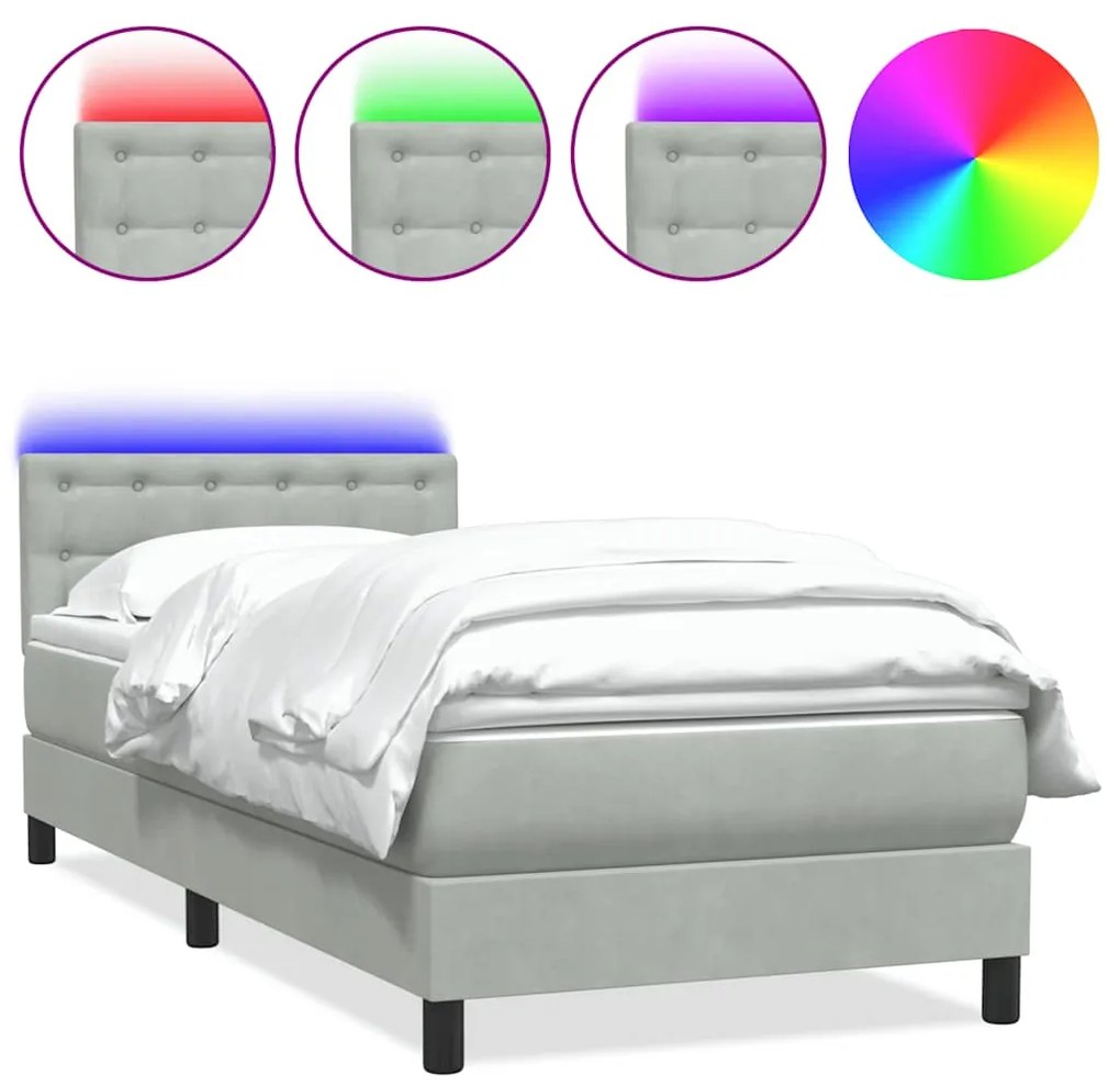 3317295 vidaXL Боксспринг легло с матрак и LED, светлосиво, 90x220 см, кадифе
