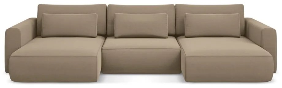 Светлокафяв кадифен разтегателен ъглов диван с място за съхранение (U форма) Kapua – Makamii