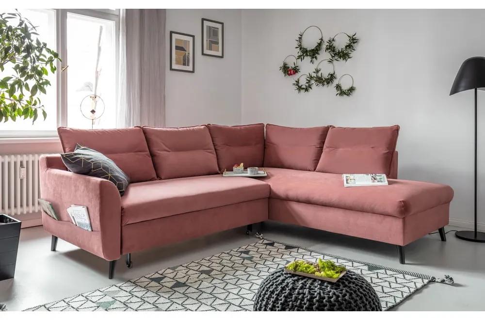 Розов кадифен ъглов разтегателен диван L, десен ъгъл Stylish Stan - Miuform
