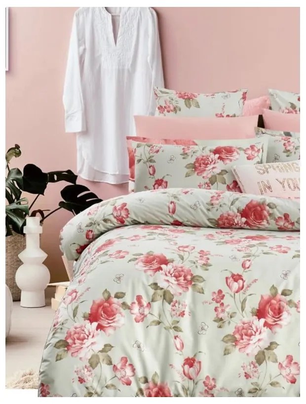 Зелено розово двойно удължено спално бельо от памук Renforcé с включен долен чаршаф 4 части 200x220 cm – Mila Home