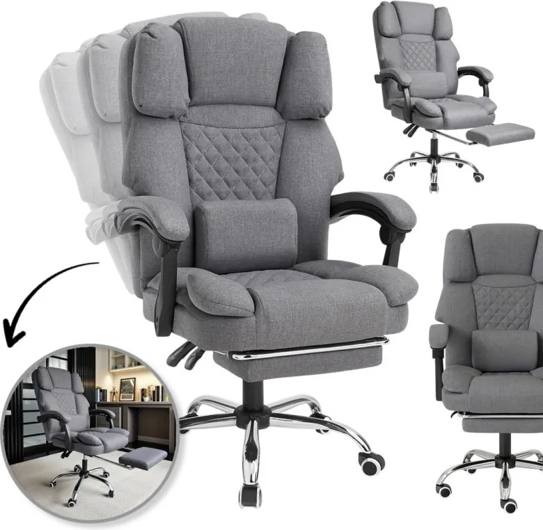 Ергономичен офис стол с подложка за крака и масаж - сив плат