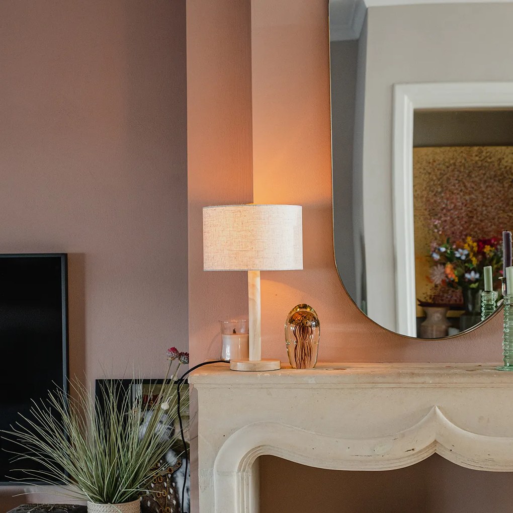 Ръстична настолна лампа дърво с ленена абажур бежова 25 см - Mels