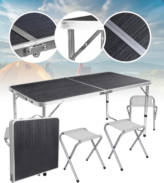 Сгъваема къмпинг маса със столове - туристически комплект за 4 души Черен