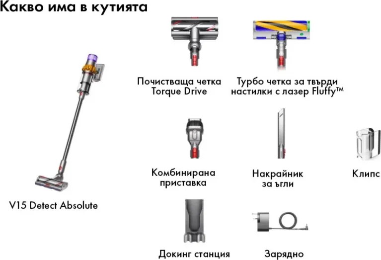 Вертикална прахосмукачка Dyson V15 Detect Аbsolute, 660W, 0.76 л, 60 мин автономия, Сензори, 3 режима, LCD, Сив