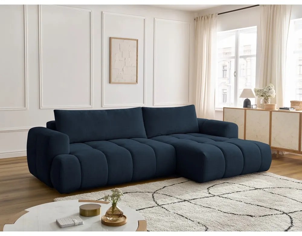 Тъмносин сгъваем/с място за съхранение ъглов диван (десен ъгъл) Fuji – Bobochic Paris