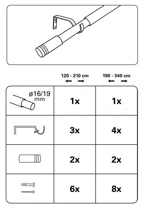 Метален разтегателен корниз 120 - 210 cm Válec - Gardinia