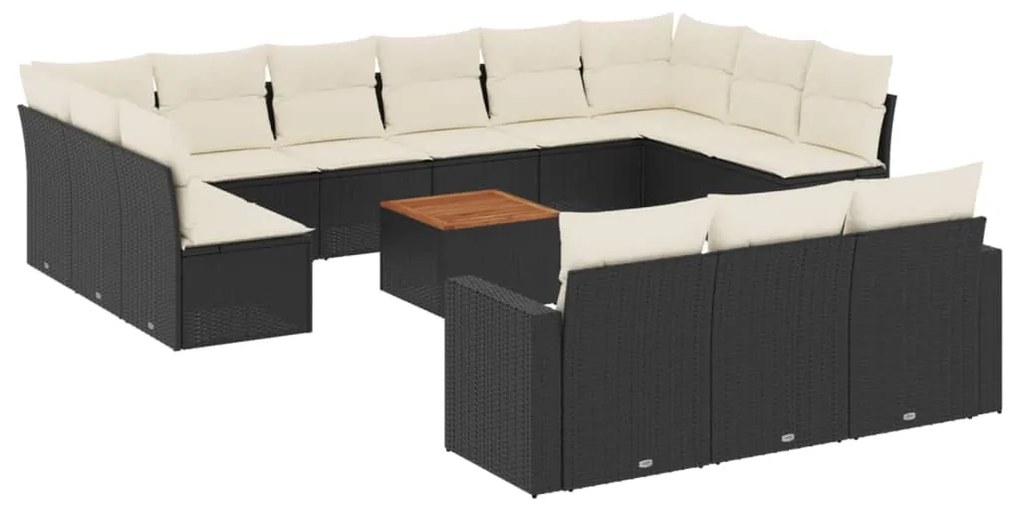 3256693 vidaXL Градински диван с възглавници, 14 части, черен, полиратан