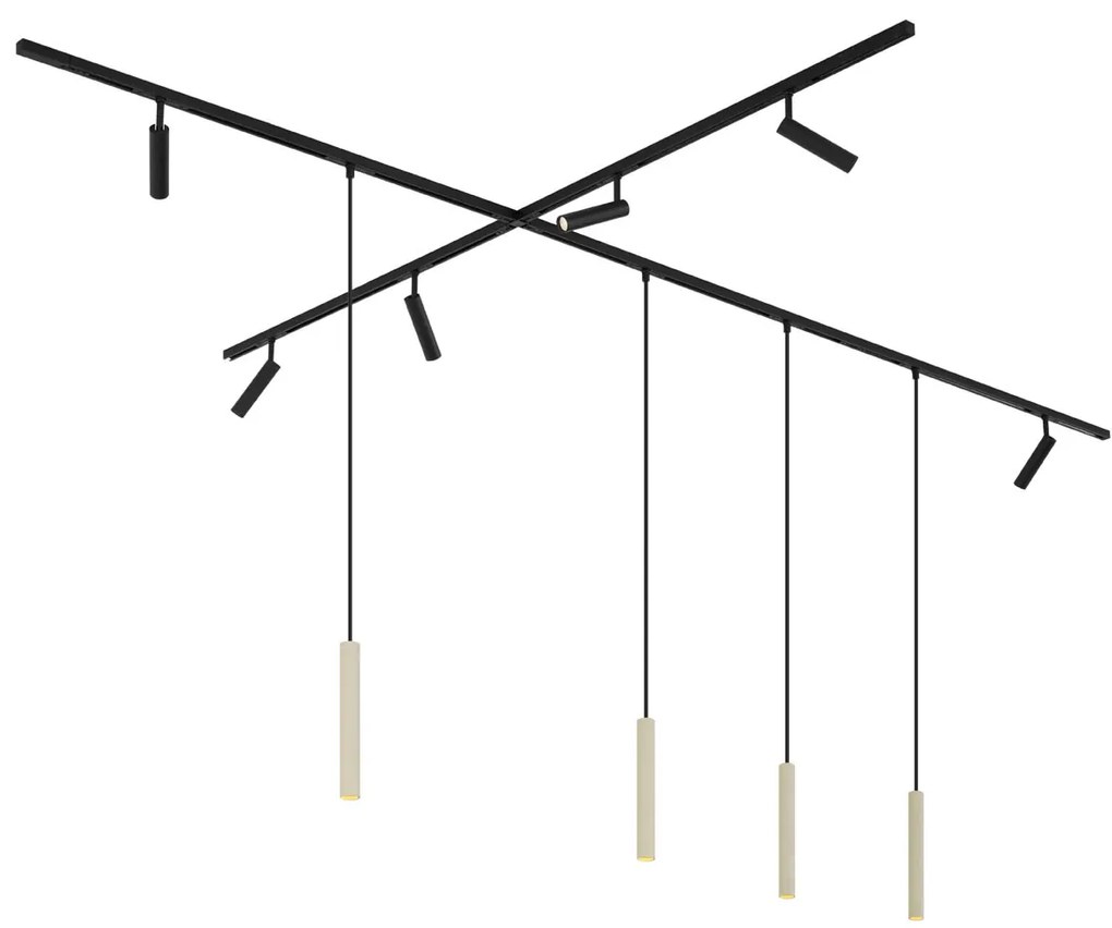Модерна релсова система за осветление с 6 прожектора и 4 висящи лампи бежово с черно 1-фазов - Slimline Uzzy Keno