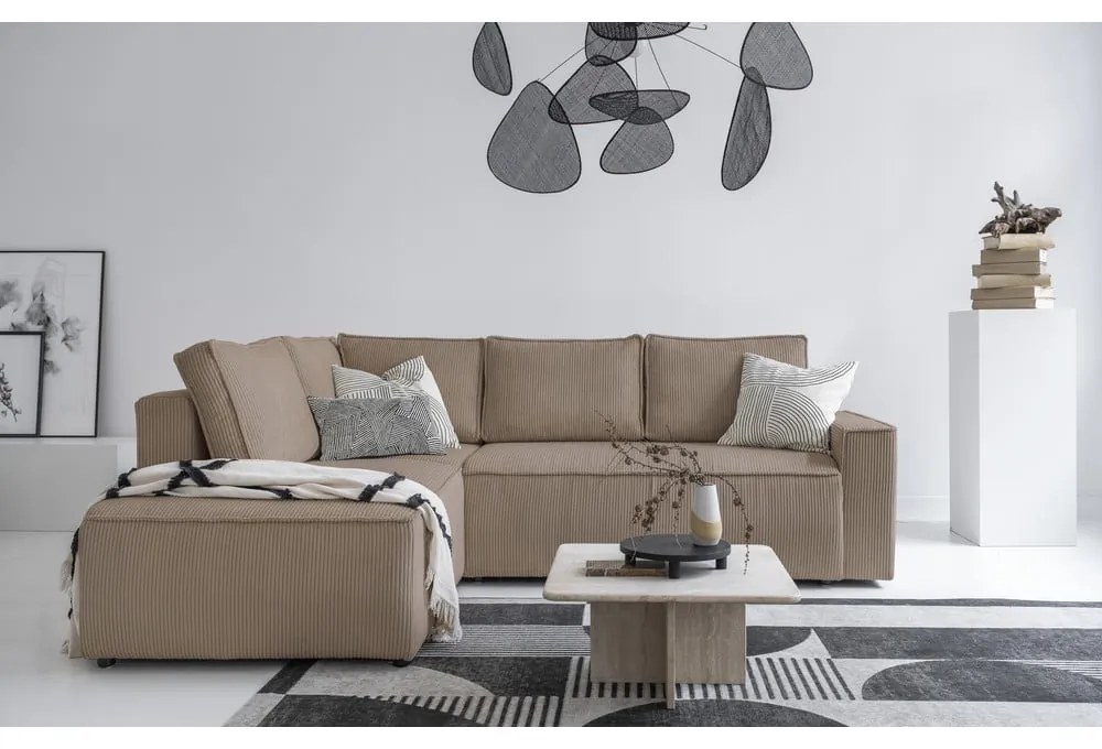 Бежов разтегателен ъглов диван от рипсено кадифе (ляв ъгъл) Brave Dave – Miuform