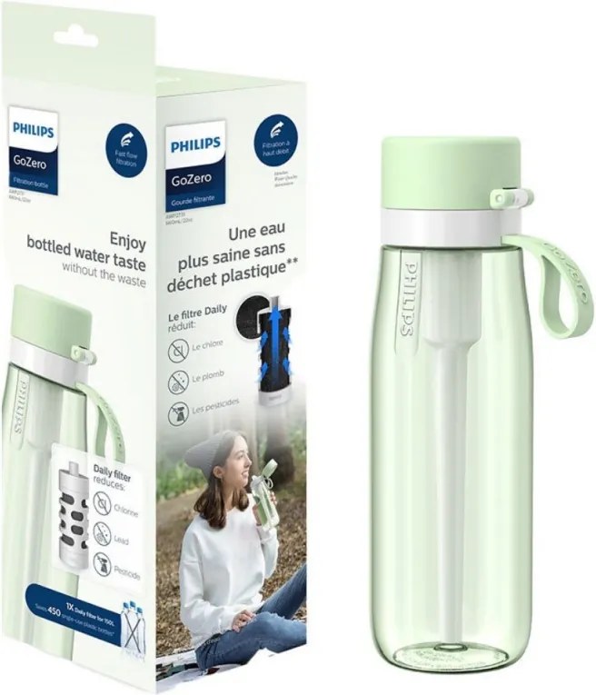 Филтрираща бутилка за вода Philips GoZero Daily AWP2731GNR/58, 660 мл, 5-38°C, Тритан без BPA, AWP285, Зелен