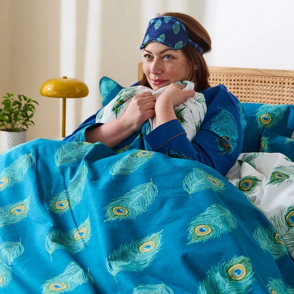 Бяло-тюркоазено двойно удължено памучно спално бельо 230x220 cm Peacock Feather – Their Nibs