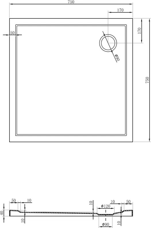 Mexen Flow квадратен поддушов корито slim 75 x 75 cm, бял гланц - 46S107575
