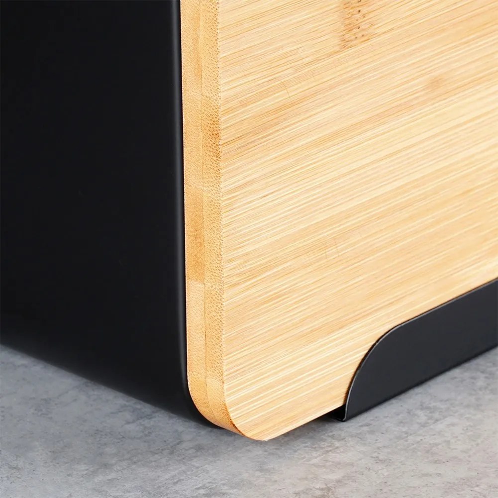 Метална кутия за хляб с бамбуков капак, черен мат, 35x22x20.5см