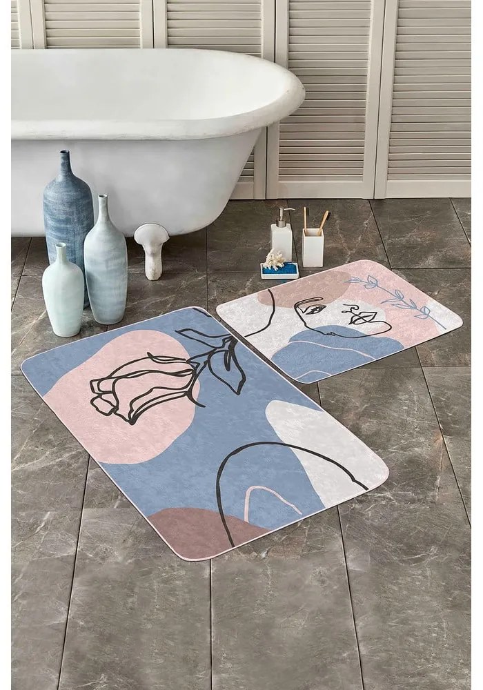 Сини розови кадифени постелки за баня в комплект от 2 бр. 60x100 cm Abstract Faces – Mila Home