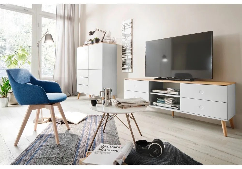 Бяла маса за телевизор с дъбови крака, широчина 162 cm Dot - Tenzo