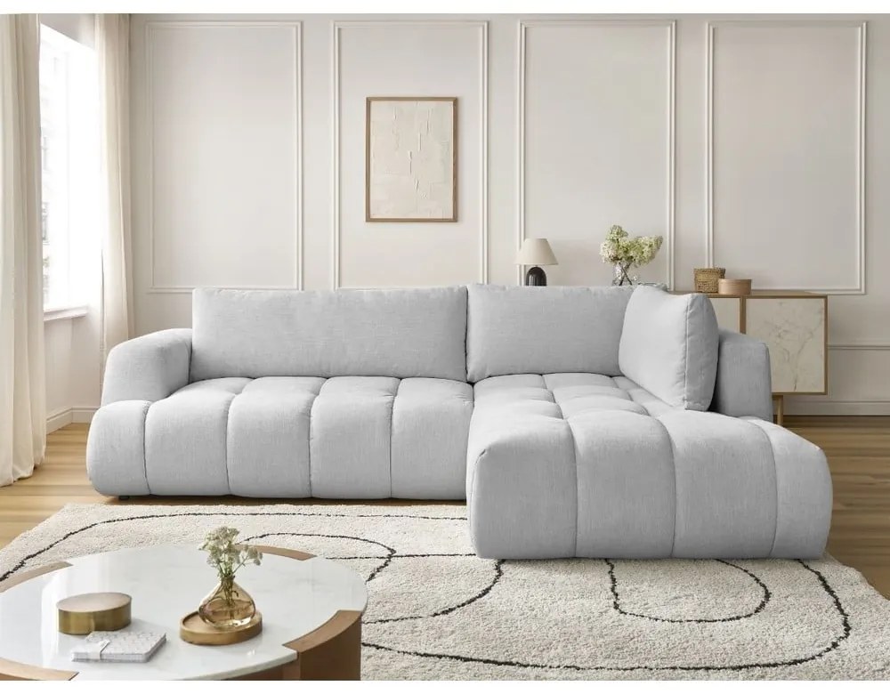Светлосив сгъваем/с място за съхранение ъглов диван (десен ъгъл/L форма) Fuji – Bobochic Paris