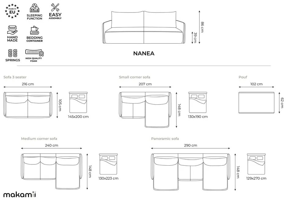 Сив разтегателен ъглов диван с място за съхранение Nanea – Makamii