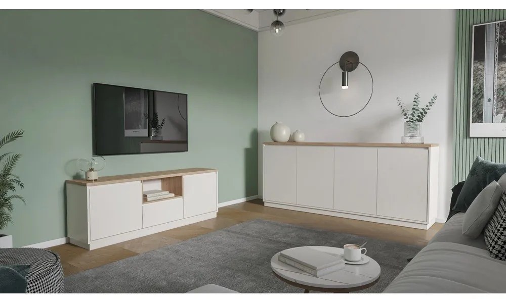 Бежова маса за телевизор от дъбов декор 161x55x40 cm Loreta – Marckeric