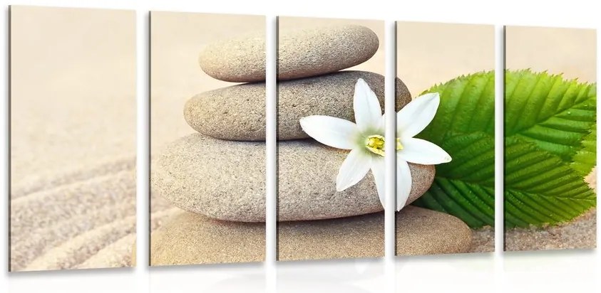 картини от 5 части – Бял цвят и камъни в пясък