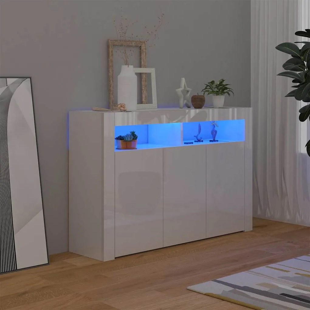 804343 vidaXL Сайдборд с LED светлини, бял гланц, 115,5x30x75 см