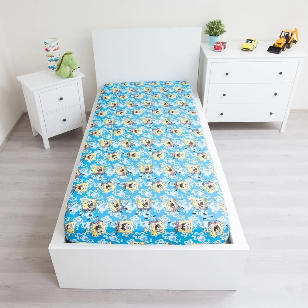 Син еластичен памучен детски чаршаф 90x200 cm Sponge Bob "Blue" – Jerry Fabrics