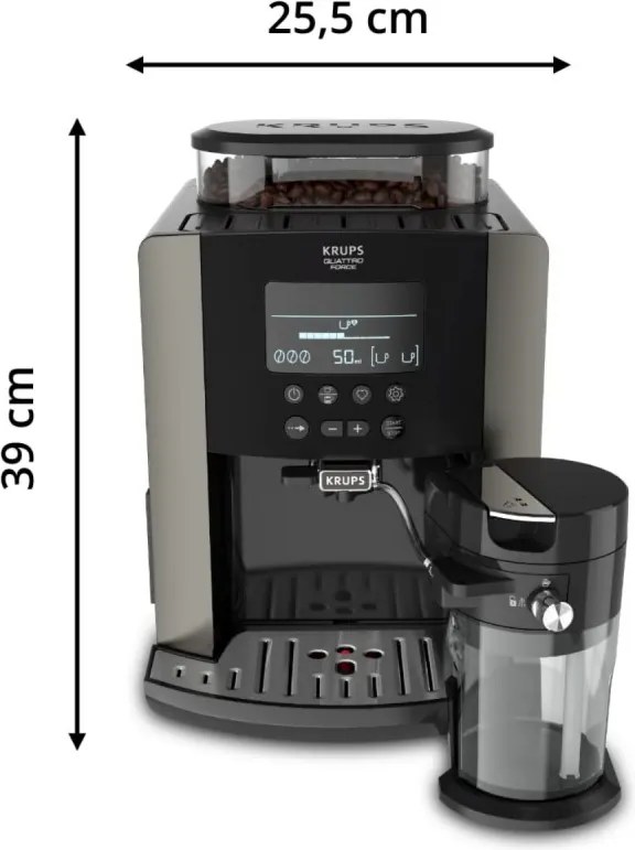Кафеавтомат Krups Arabica Latte EA819E10, 1450W, 15 bar, 1.7 l, LCD, 5 програми, 3 функции, 3 настройки за темп. и аромат, Milk Comfort / One Touch Cappuccino, Черен