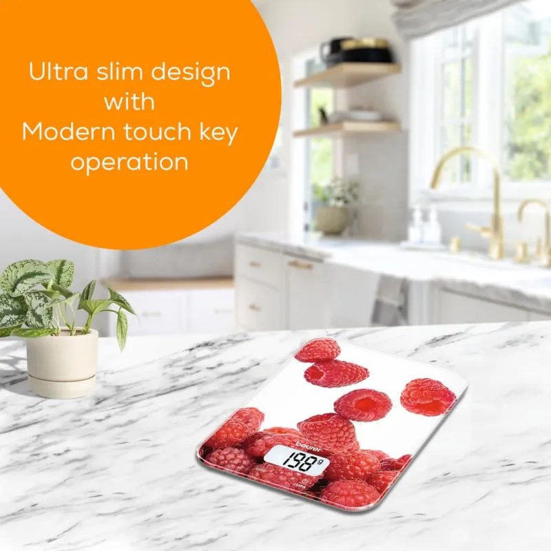 Кухненска везна Beurer KS 19 Berry, До 5 кг, ТАРА, Сензорно управление, LCD, Стъкло, Ултратънка, Червен