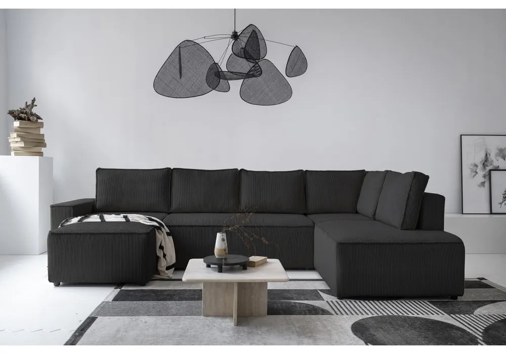 Антрацитен разтегателен ъглов диван от рипсено кадифе (десен ъгъл/"U" форма) Brave Dave – Miuform