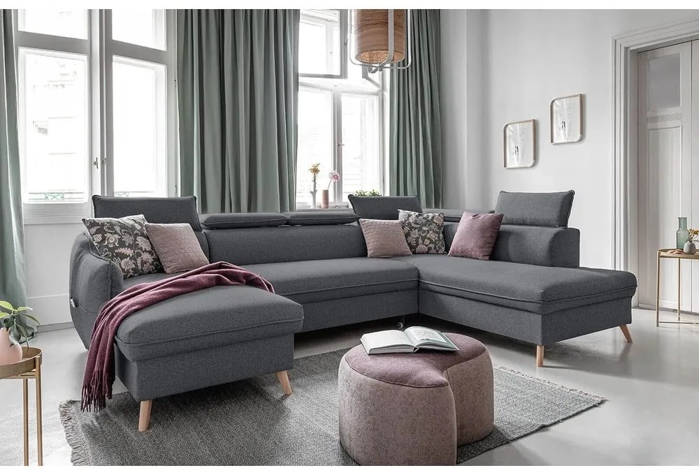 Тъмносив U-образен разтегателен диван, десен ъгъл Sweet Harmony - Miuform