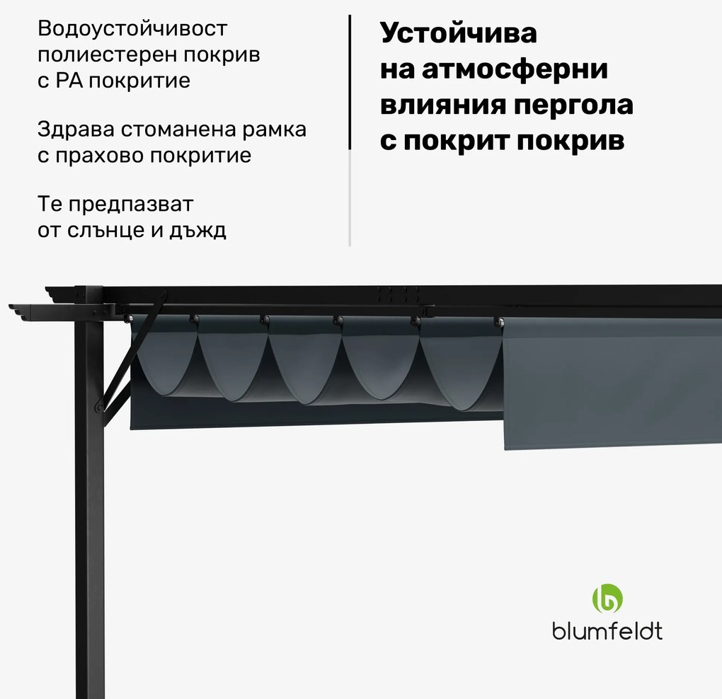 Blumfeldt Pantheon Robust Pergola, 3x3 м стомана с прахово покритие, устойчива на атмосферни влияния със странични ролети