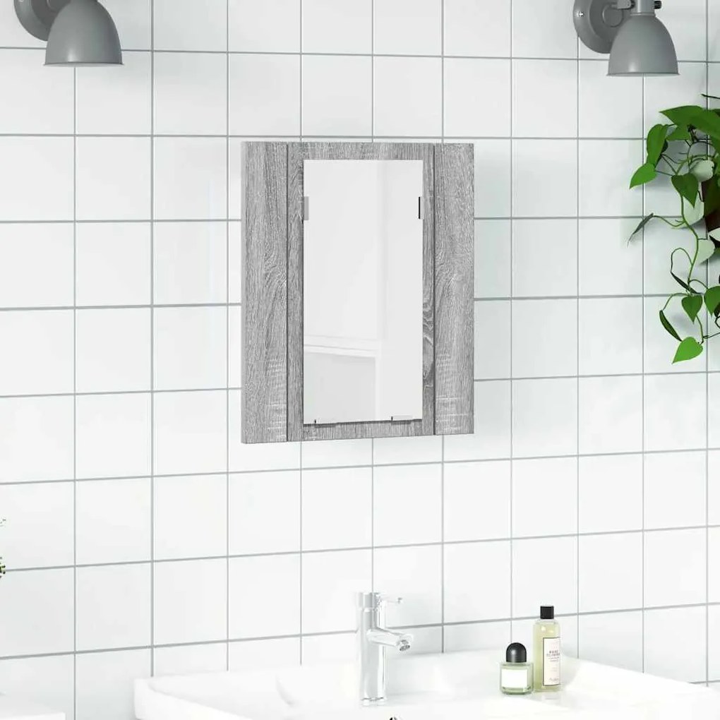 822834 vidaXL LED шкаф за баня огледало сив сонома 40x12x45см инженерно дърво