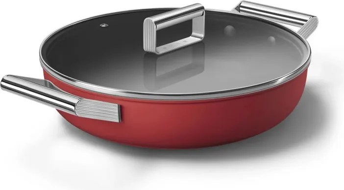 Плитка тенджера с капак Smeg CKFD2811RDM, 28 см, 3.7 л, Незалепващо покритие с 3 слоя, Фурна до 250C, Без PFAS, Индукция, Червен