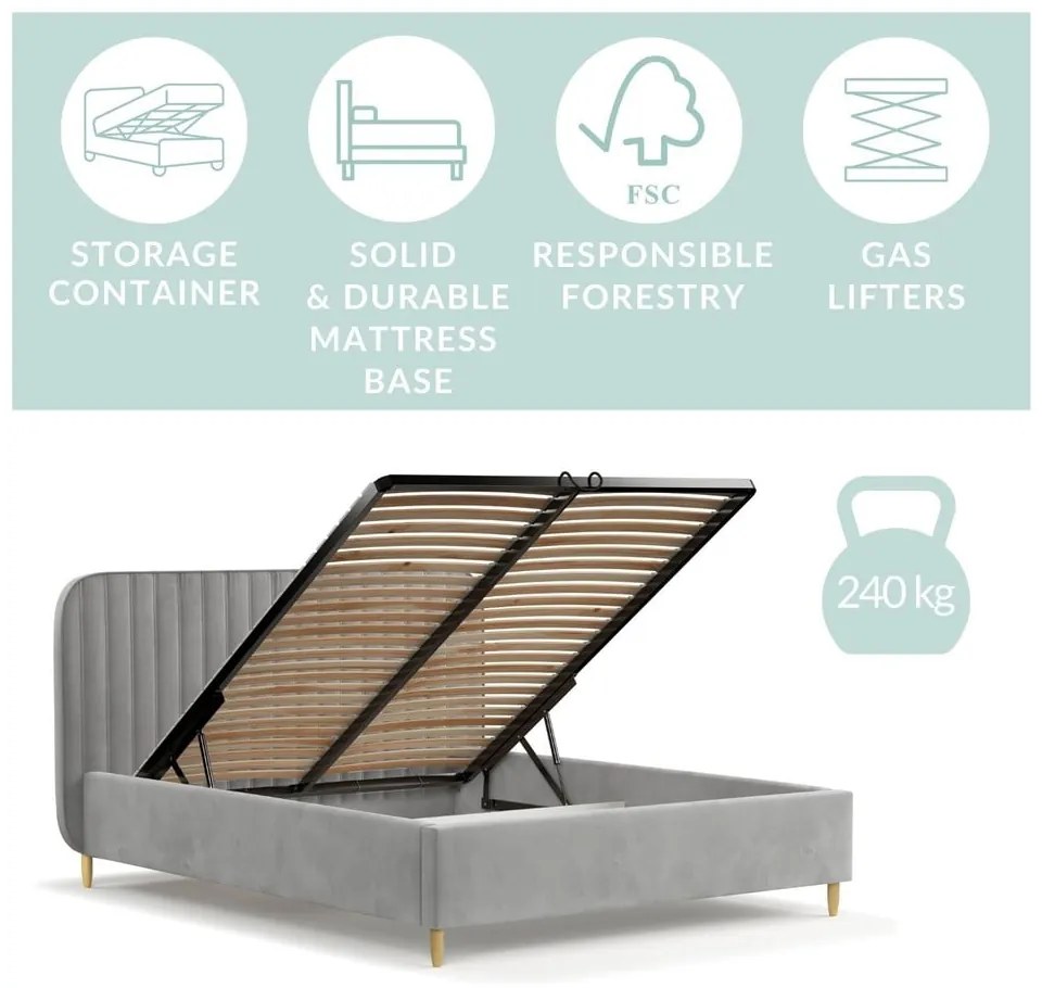 Сиво тапицирано двойно легло с място за съхранение с включена подматрачна рамка 180x200 cm Noto – Maison de Rêve