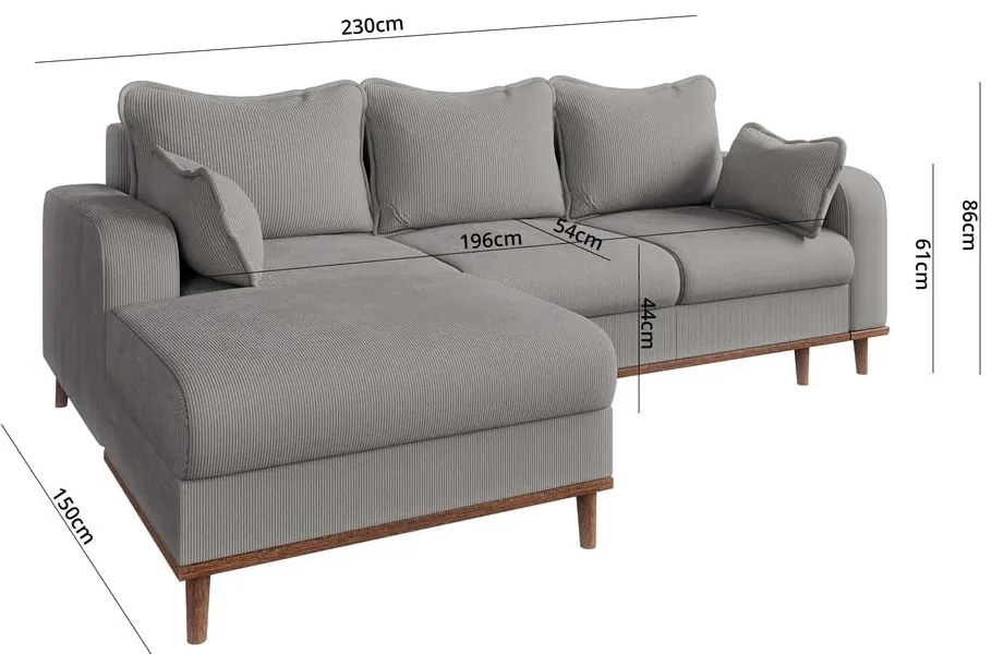 Светлосив ъглов диван от рипсено кадифе (ляв ъгъл) Beata – Ropez