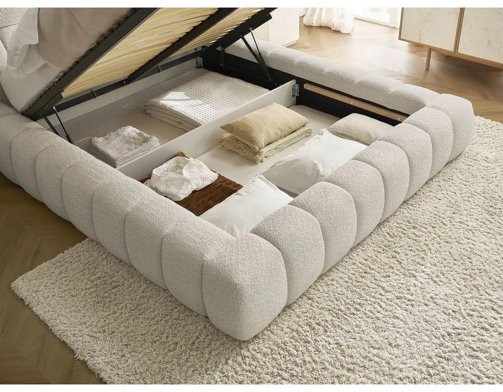 Бежово двойно тапицирано легло с място за съхранение с включена подматрачна рамка 180x200 cm Mont Blanc – Bobochic Paris