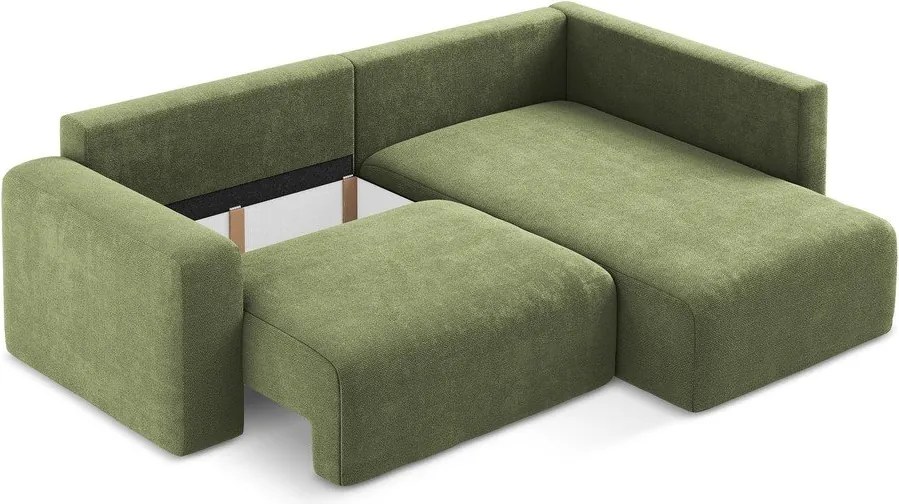 Зелен шенилов сгъваем/с място за съхранение ъглов диван (десен ъгъл/L форма) Kona – Makamii