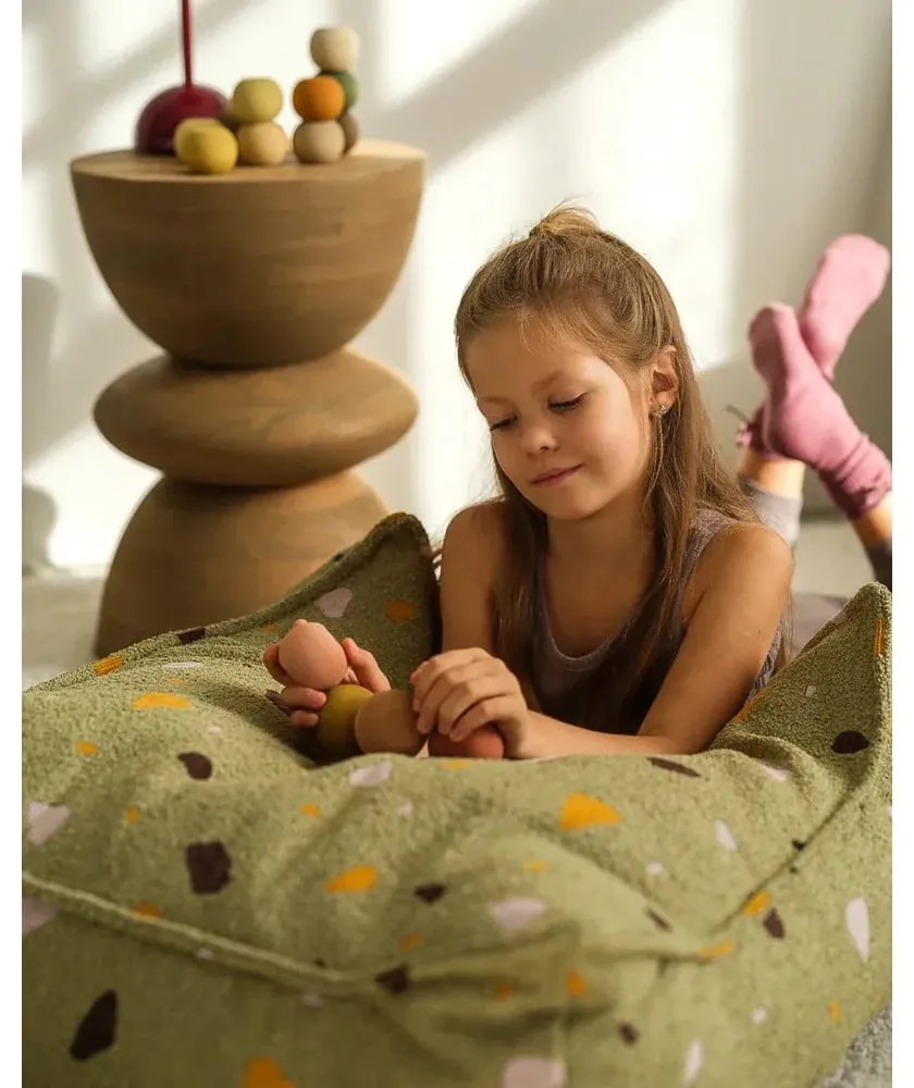 Зелен детски пуф от букле и шенил Terrazzo Square – Wigiwama