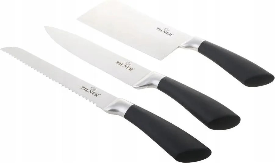 Комплект ножове с поставка ZILNER ZL 5127, 8 части, Точило, Ножици, Неръждаема стомана, Черен